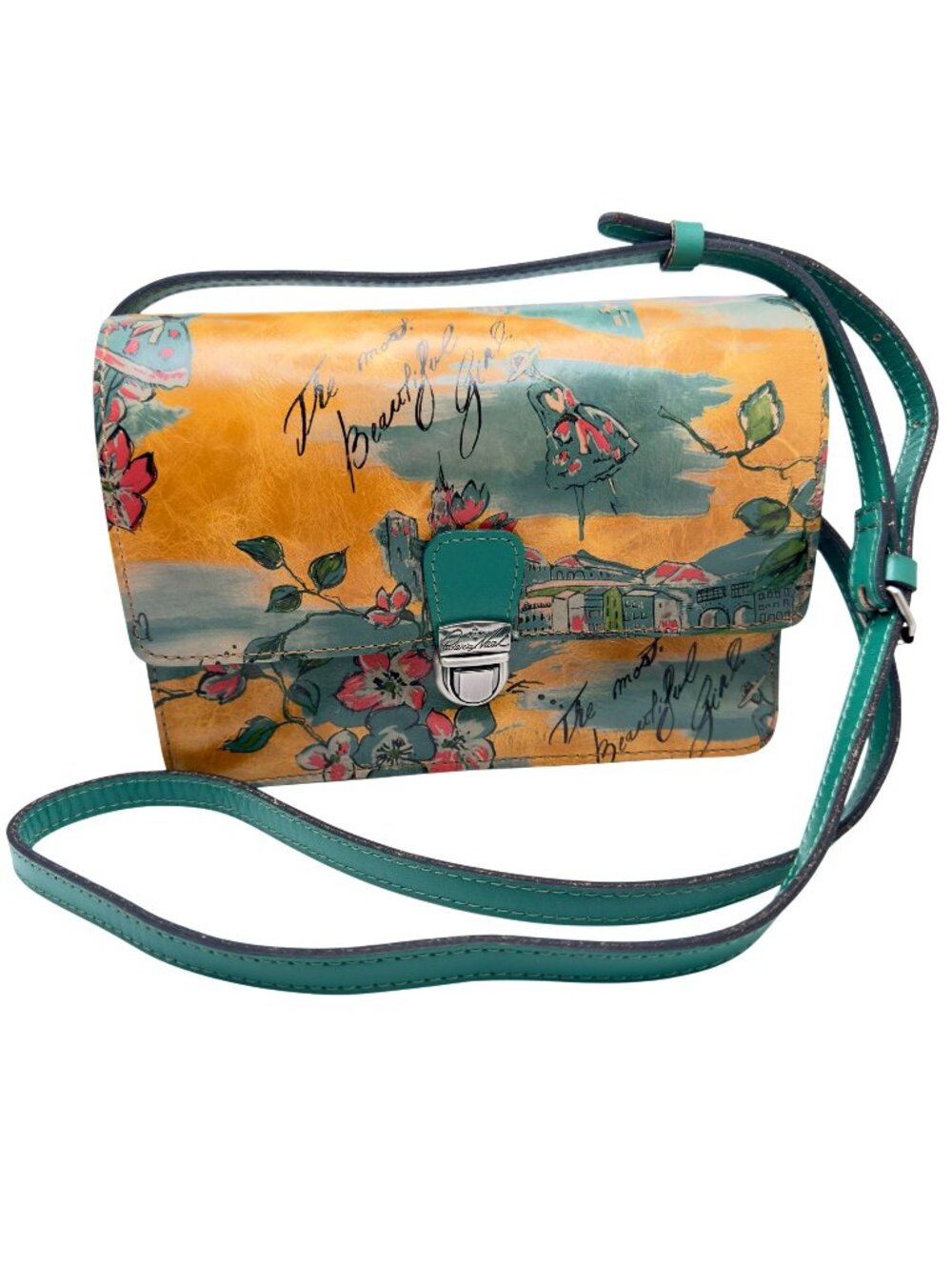 Patricia Nash Lanza Beautiful Girl Print Leather Crossbody Bag Push Lock Closure